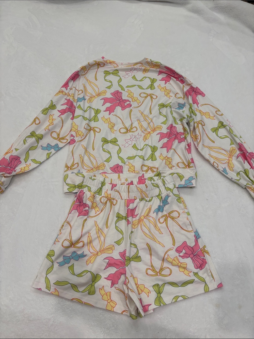 Women's Floral Bow Print Pajama Set - White with Pink & Green Accents
